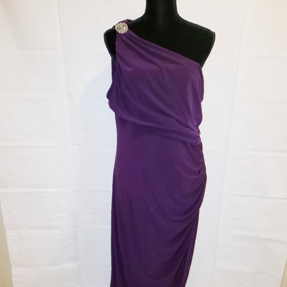 Ralph Lauren One-Shoulder Purple Evening Dress with Brooch Detail